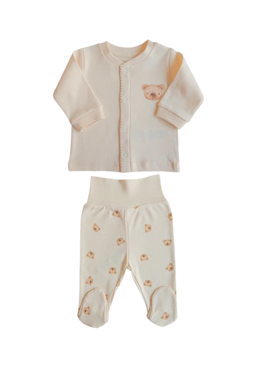 Set 2 Piese Bluza cu Capse si Pantaloni Lungi Bej cu Ursi S60554 Kitikate