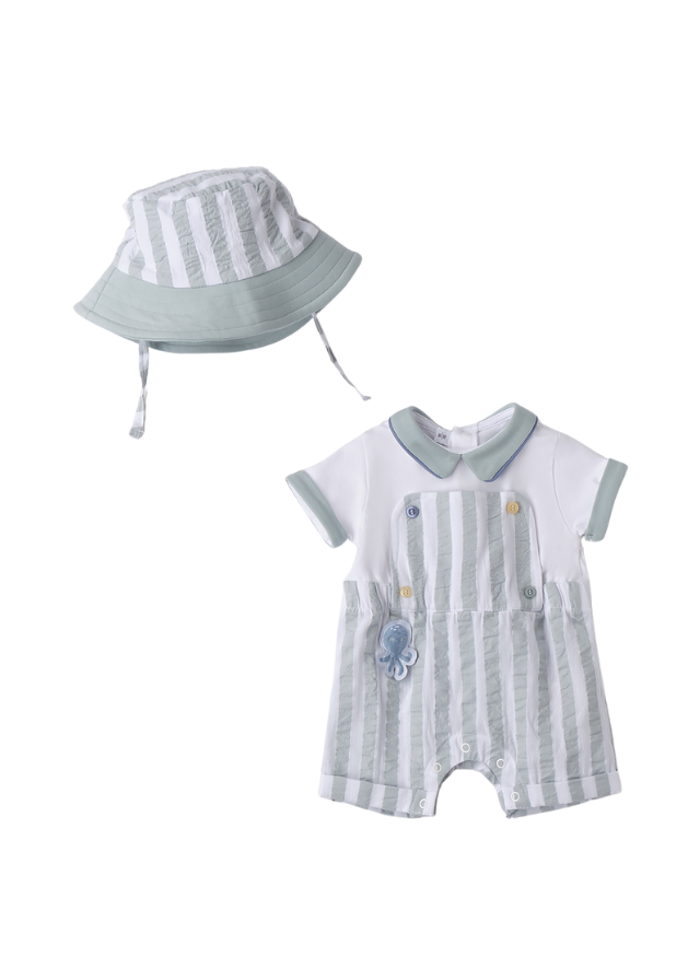 Set Salopeta Scurta cu Dungi Verzi si Palarie 3.B685/00 Minibanda