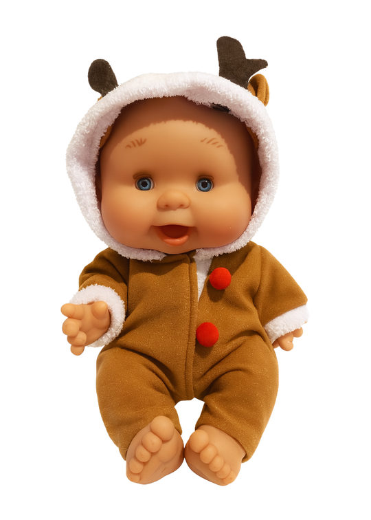 Papusa Parfumata Baietel Xmas cu Salopeta cu Gluga Maro - 26 cm - 0489 - Nines