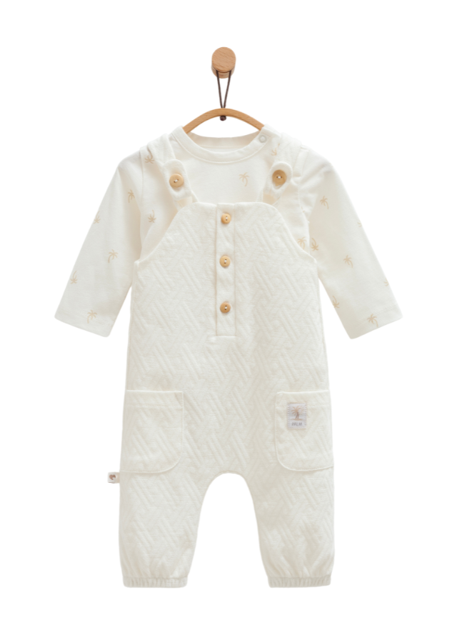 Set 2 Piese Salopeta Lunga Crem cu Bretele si Bluza Natural Palm SLE1609 Mell Sweet Baby