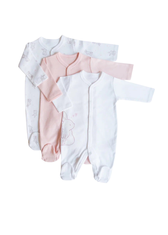 Set 3 Salopete Lungi Alb cu Roz cu Iepuri S60507 Kitikate