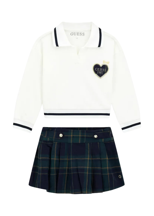 Set 2 piese bluza polo ivory si fusta ecosez verde art K6YG05 K3856 G012 Guess