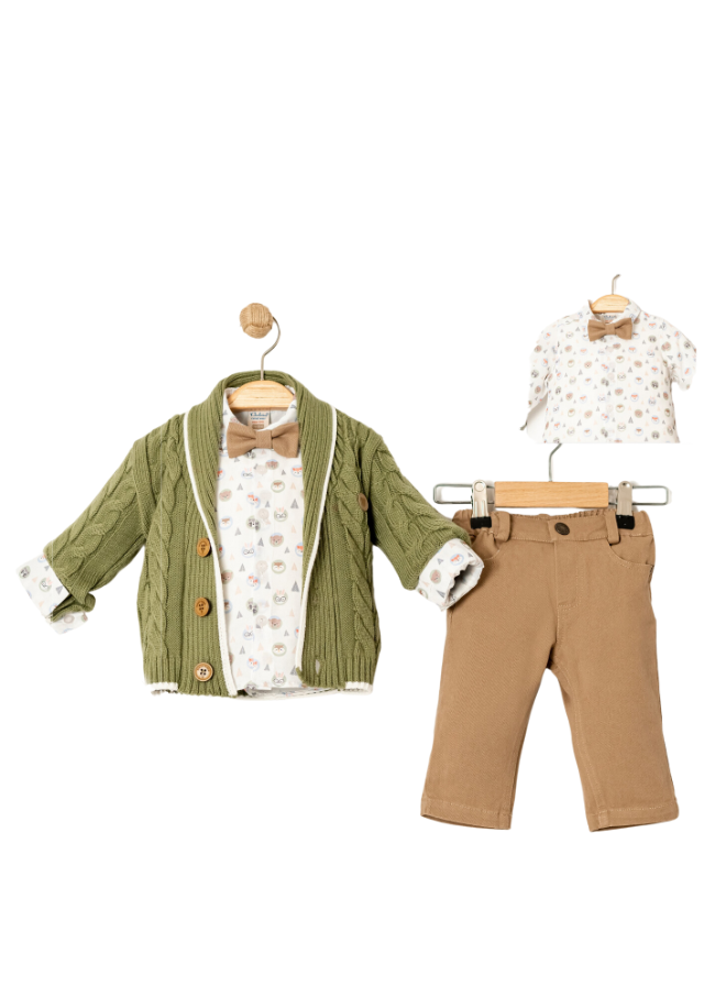 Set 3 Piese Cardigan Tricotat Verde Camasa Alba cu Animalute Pantaloni si Papion Bej 15024 Bebus