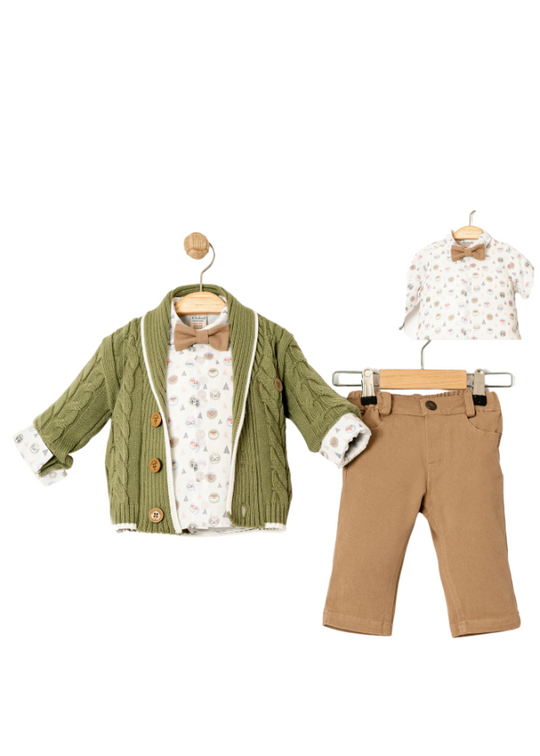 Set of 3 Pieces Green Knitted Cardigan White Shirt with Animals Pants and Bow Tie Beige 15024 Bebus