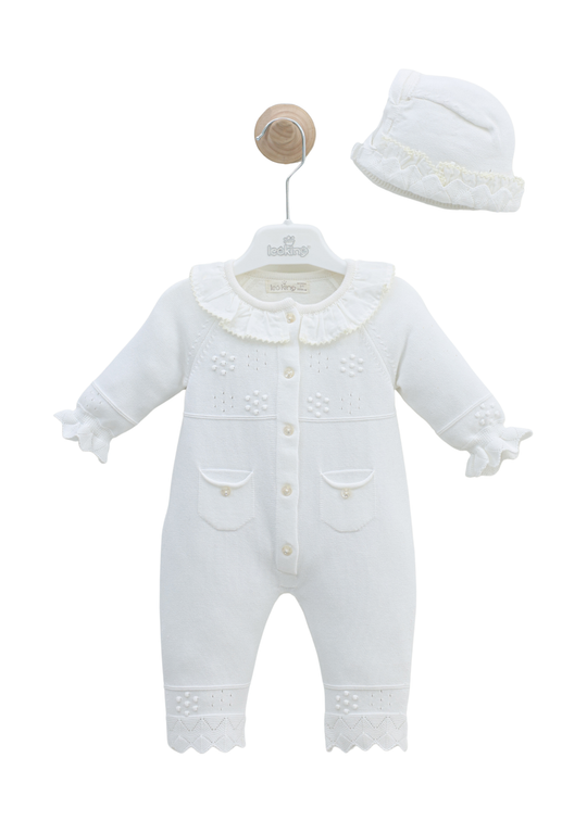 Set Salopeta Lunga Tricotata Alba cu Caciula 7462 Leo King