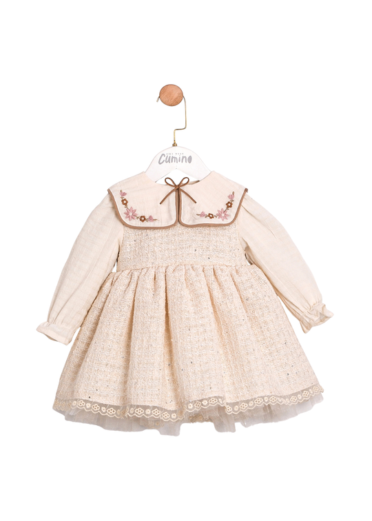 Rochie Tip Sarafan Stofa Crem cu Paiete, Maneci si Guler Tip Camasa 3732 Mino Baby