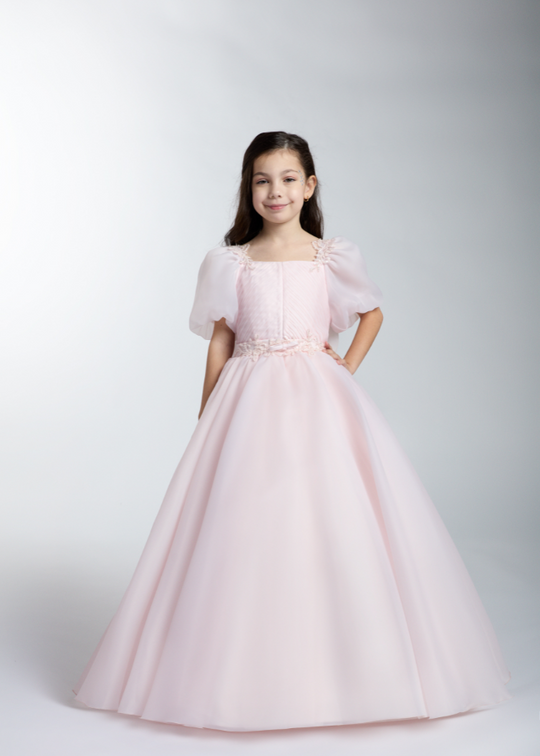 Rochie Eleganta pentru Ceremonie Lunga Alba din Organza cu Maneci Bufante 3-11 ani 2253 Kanilla