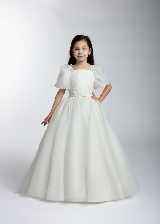 Elegant Long Pink Organza Ceremony Dress with Puff Sleeves 3-11 years 2253 Kanilla