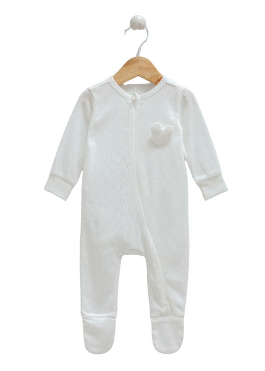 Довгий перфорований бавовняний комбінезон кремового кольору на блискавці та сердечку на грудях 9854 Mell Sweet Baby