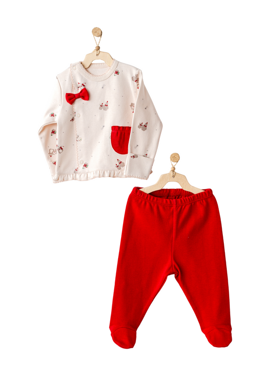 Set 2 Piese Bluza Crem cu Capse cu Imprimeu Pinguini si Pantaloni Lungi Rosii AC25345 Andywawa