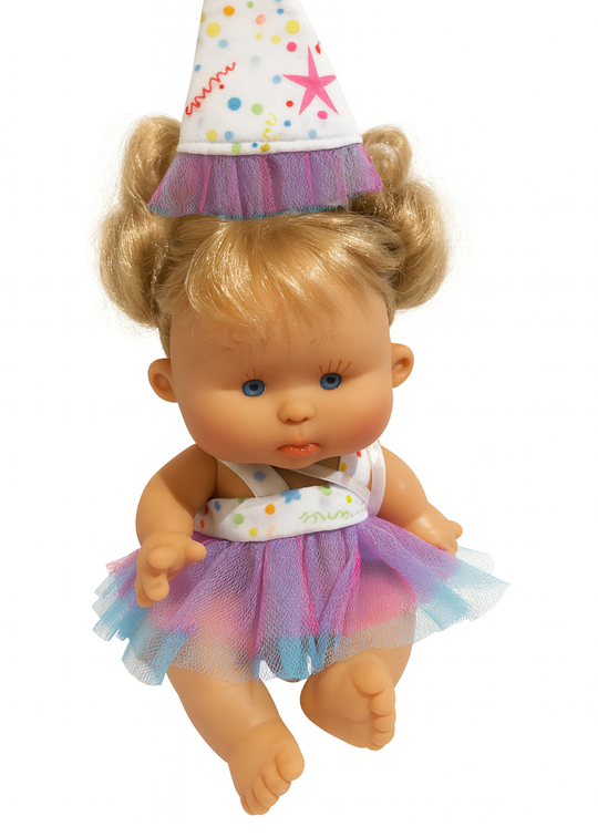 Papusa Parfumata Blonda Happy Birthday cu Rochita in Bretele Tull Turqoise Mov - 21 cm - 0497 - Nines