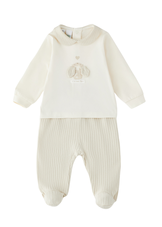 Set 2 Piese Bluza Maneca Lunga si Pantaloni Crem cu Iepure 4.G070/00 iDO