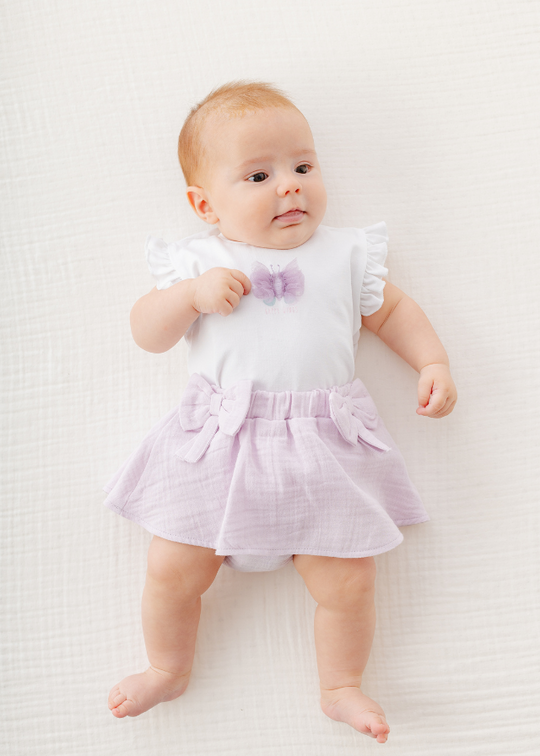 2 Piece Set White T-Shirt with Purple Butterfly and Purple Muslin Skirt AC25575 Andywawa