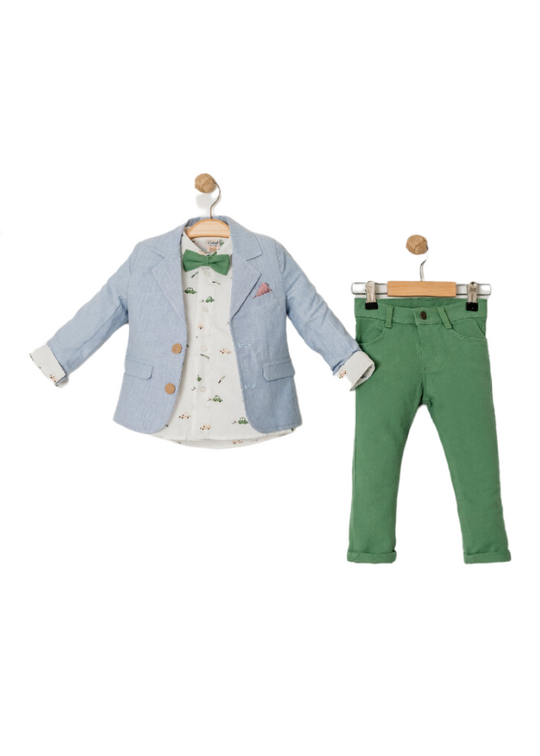 Set of 3 Blue Jacket White Shirt with Cars Pants and Green Bow Tie 15195 Bebus