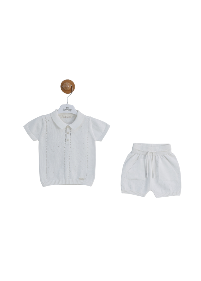 Set 2 Piese Tricotat Alb Bluza cu Maneca Scurta cu Guler Polo si Pantaloni Scurti 8156 Leo King