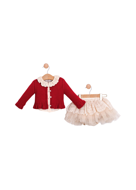 Set 3 Piese Camasa Bej Fusta Dantela si Tull Bej si Cardigan Rosu 3760 Mino Baby