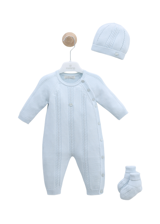 Set 3 Piese Tricotat Salopeta Lunga Bleu Caciula si Botosi 7453 Leo King