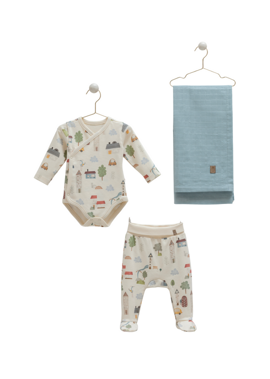 Set 3 Biese Body cu Maneca Lunga si Pantaloni Lungi cu Picior Bej cu Imprimeu si Scutec din Muselina Verde Menta BPB2183 Mell Sweet Bay