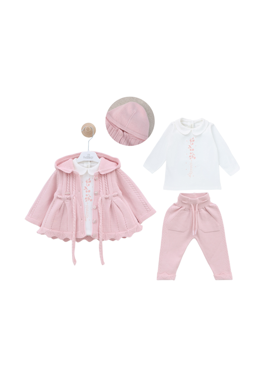 Set 3 Piese Jacheta si Pantaloni Lungi Tricotate Roz si Bluza Bumbac 8019 Leo King