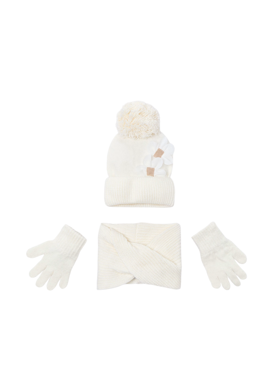 Set 3 Piese Caciula, Fular si Manusi Tricotate Crem 10071 Mayoral
