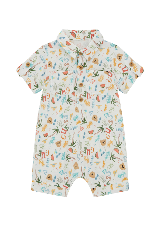 Guess Ecru Short Jumpsuit with Bears and Palm Trees P6GG07 WO730 PMEE