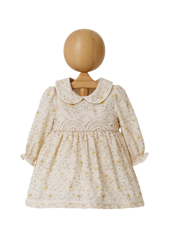 Rochie Bej din Muselina cu Maneca Lunga Imprimeu Flori Galbene si Dantela Crosetata in Talie 4419MyMio