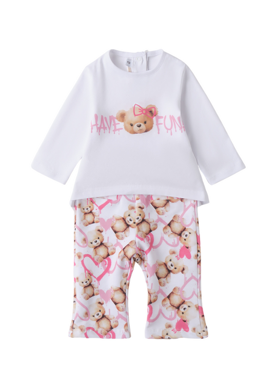 Set 2 Piese Bluza Alba cu Maneca Lunga si Pantaloni Lungi cu Imprimeu Ursi si Inimi Roz 3.B745/00 col 0113 Minibanda