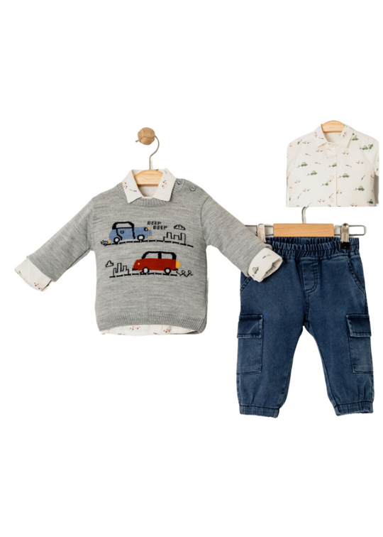 3 Piece Set Gray Sweater White Shirt with Cars Cargo Jeans 15020 Bebus