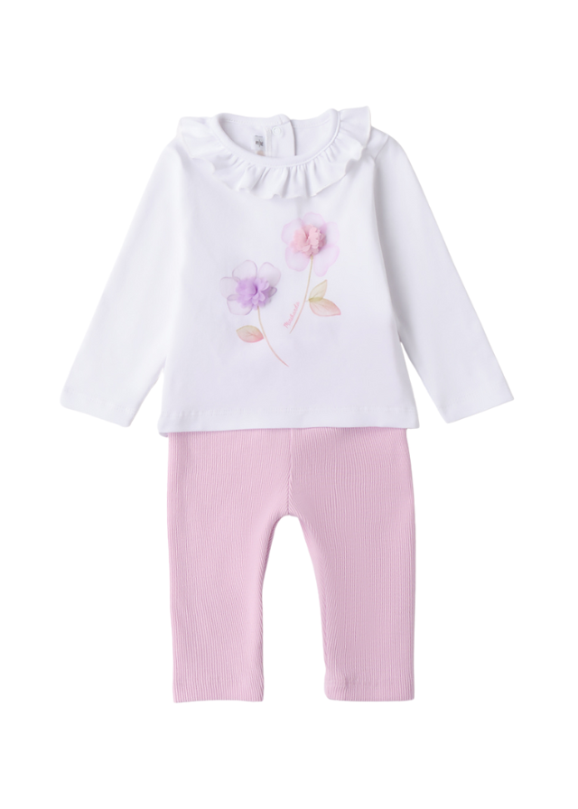 Set 2 Piese Bluza Alba cu Maneca Lunga si Pantaloni Lungi Roz 3.B746/00 Minibanda