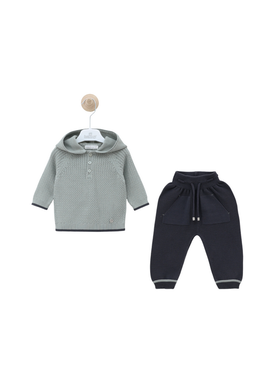 Set Tricotat 2 Piese Hanorac Verde si Pantaloni Lungi Bleumarin 8425 Leo King