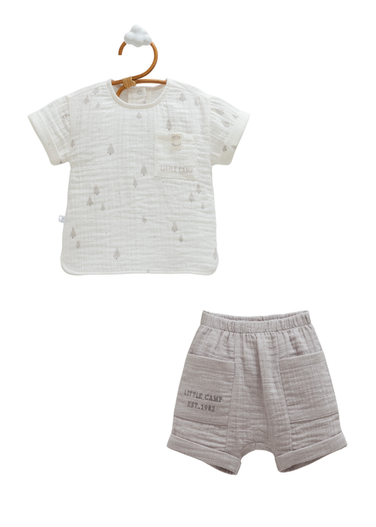 Set 2 Piese Muselina Bluza si Pantaloni Scurti Alb cu Gri Hello Summer TKE2459 Mell Sweet Baby