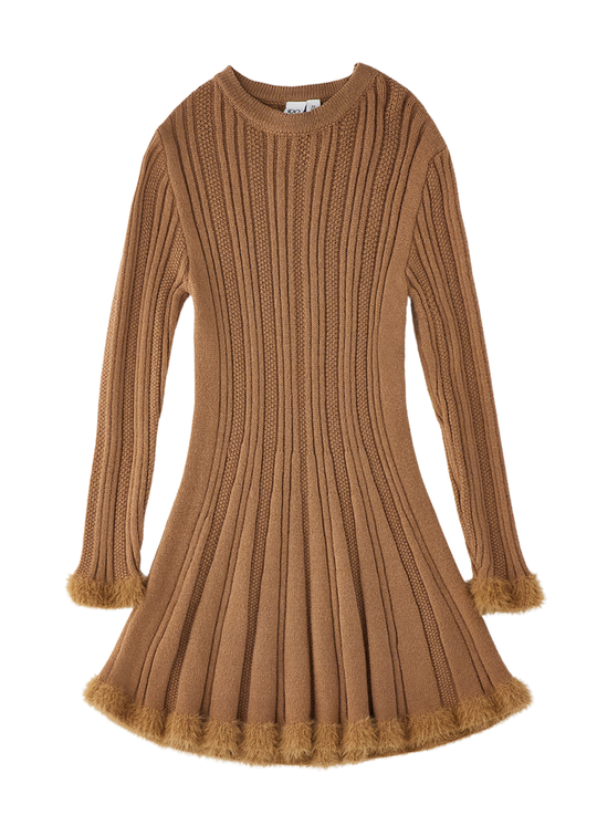 Rochie Tricotata Reiata cu Maneci Lungi si Margini Pufoase, Bej, pentru Fete 4.H348/00 – iDO
