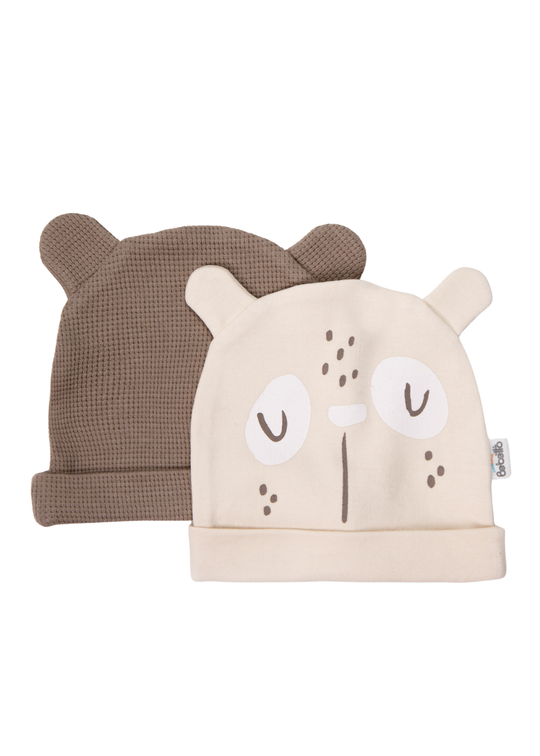 Set de 2 Caciulite din Bumbac Bej, cu Urechiuse de Panda, C1240 – Bebetto