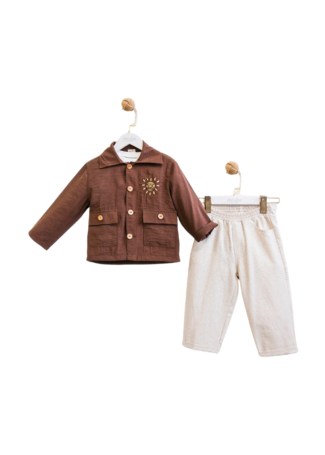 Set 3 Piese Jacheta Maro Pantaloni Lungi Bej si Tricou MJ141 Mary & Joe