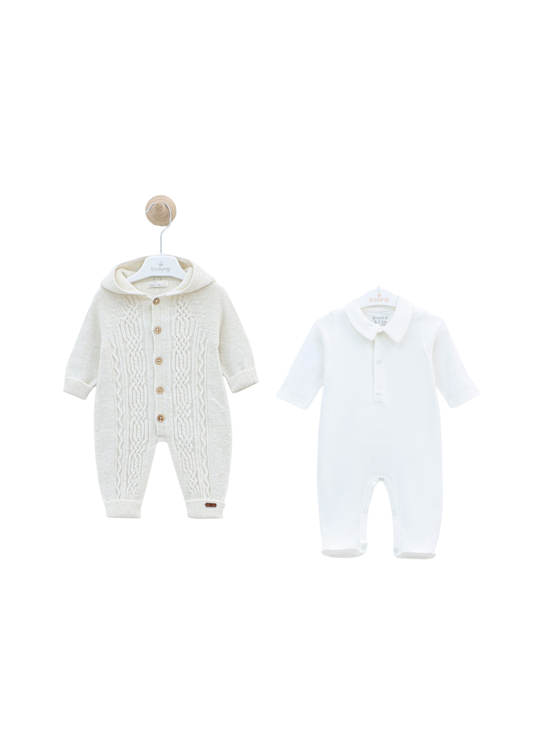 Set 2 Piese Combinezon Alb cu Lana Merinos si Salopeta Lunga Bumbac 9336 Leo King