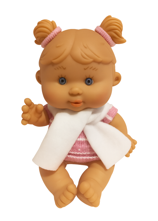 Papusa Parfumata cu Rochita Tricotata Roz cu Dungi Albe - 21 cm - 0494 - Nines