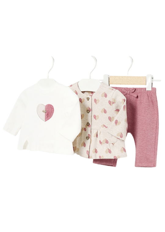 Set of 3 pieces, beige jacket with hearts, powder pink pants and blouse 2785 Mayoral