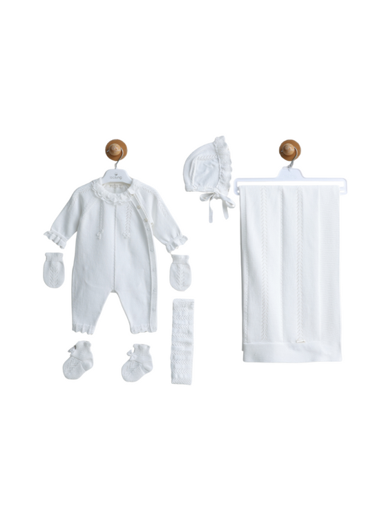 Set of 5 Newborn Pieces White Knitted Jumpsuit with Lace Collar 3102 Leo King