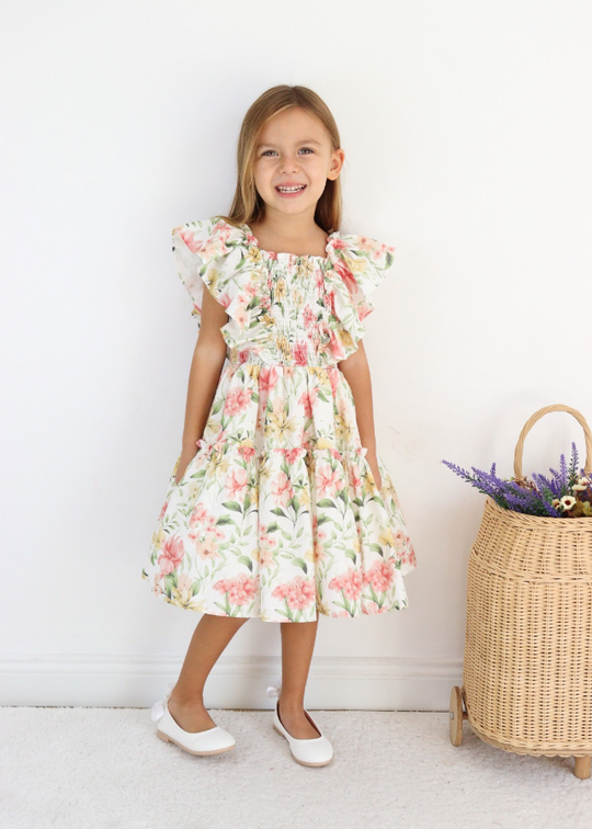 Rochie cu Imprimeu Flori Mari Corai si Volane pe Bust M0628 Connie Baby