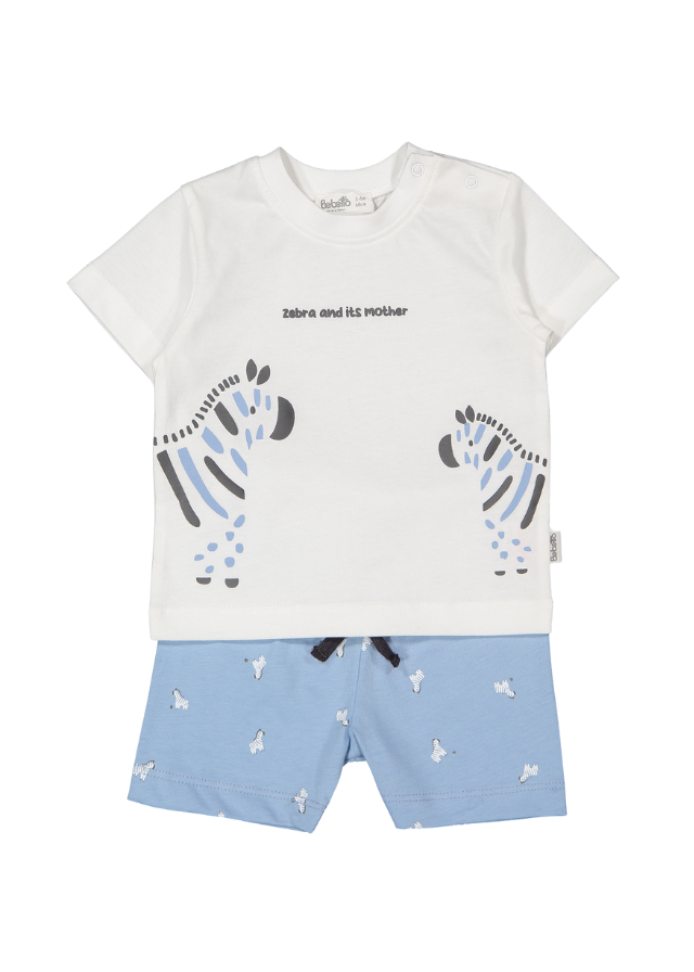 Set 2 Piese Tricou Crem si Pantaloni Scurti Bleu cu Imprimeu Zebre Walking Zebras K4720 Bebetto