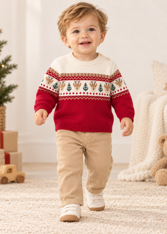 Set 2 Piese Pulover Rosu cu Reni si Pantaloni Bej pentru Baieti 2532 – Mayoral