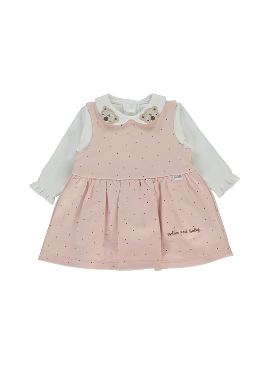 Set Rochie Roz Pudra cu Picouri si Bluza Crem cu Maneca Lunga K4918 Bebetto