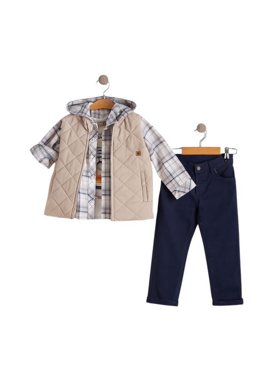 Set 4 Piese Vesta Matlasata Bej Camasa Carouri Bej cu Bleumarin Bluza Crem si Pantaloni Lungi Bleumarin 16355 Bebus
