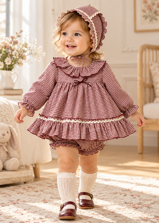 Set 3 Piese Rochie cu Carouri Grena, Guler Volan si Bonetica cu Urechi 3936 – MinoBaby