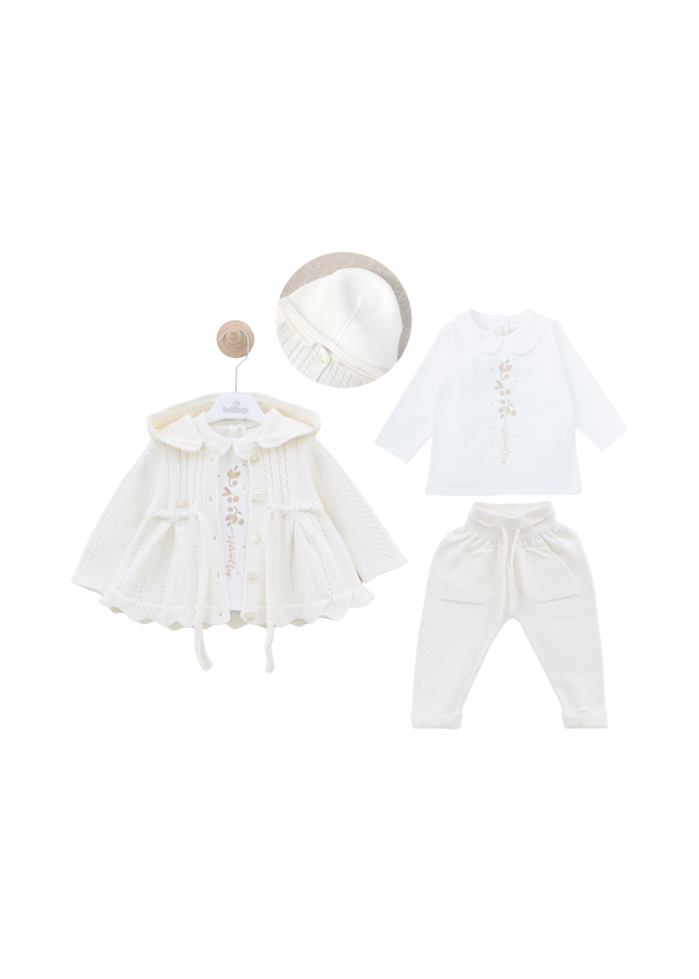 Set 3 Piese Jacheta si Pantaloni Lungi Tricotate Alb si Bluza Bumbac 8019 Leo King