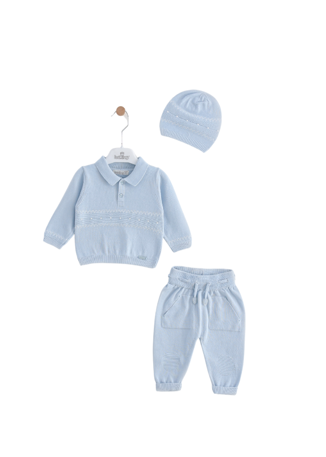 Set 3 Piese Tricotat Bleu Bluza cu Guler Pantaloni si Fes 8508 Leo King