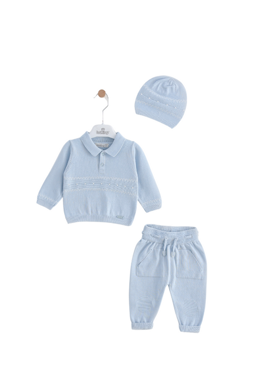 Set of 3 Blue Knitted Blouse with Collar, Pants and Fes 8508 Leo King