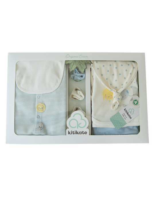 Set 10 Piese Maternitate din Bumbac Organic Alb cu Dungi Bleu Organic Dreams S31238 KitiKate