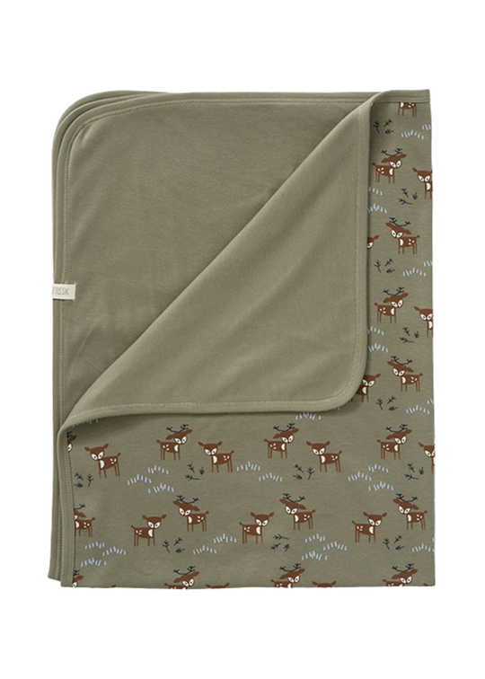 Paturica din Bumbac Organic Verde Olive cu Imprimeu Caprioare 80x100 cm Deer Olive F320-81 Fresk