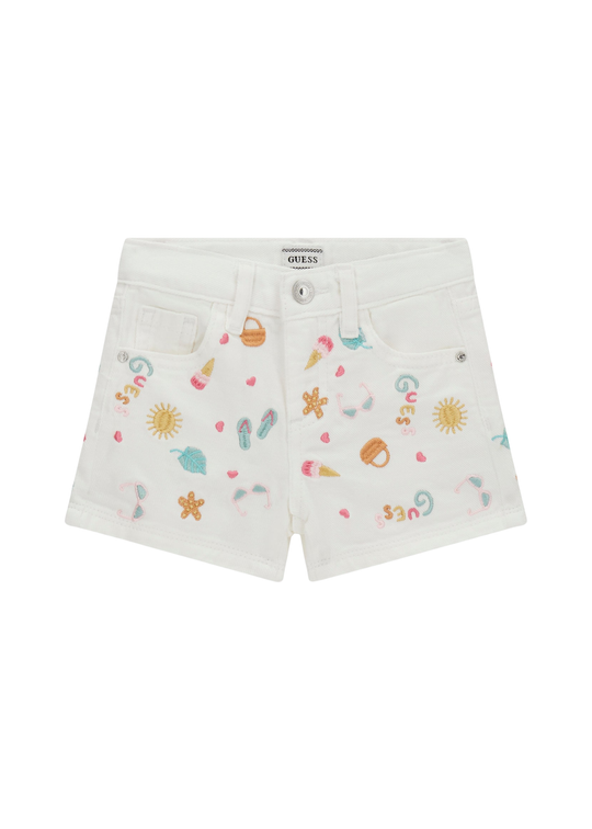 Pantaloni Denim Scurti Albi cu Broderii K6GD09 WH630 FMAN  Guess
